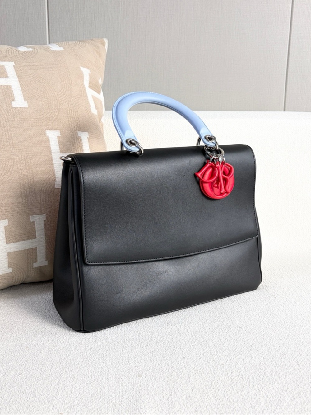 Dior Black Leather Top-Handle Satchel with Light Blue Handle and Red Charm 2015 - Picture 6 of 7